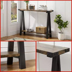 Console d'entrée fine à double niveau avec étagères de rangement, cadre en métal durable et pieds en V, adaptée aux salons, couloirs ou foyers.