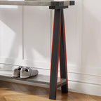 Console d'entrée fine à double niveau avec étagères de rangement, cadre en métal durable et pieds en V, adaptée aux salons, couloirs ou foyers.
