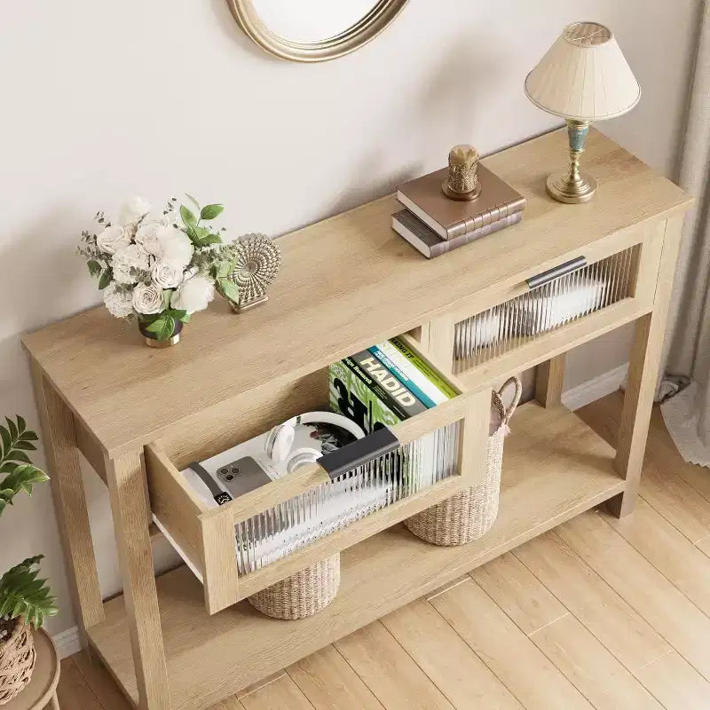 Console de salon en bois CuisinSmart, table de canapé à 2 niveaux avec 2 tiroirs en verre et étagère ouverte, idéale pour le salon et l'entrée, Chêne