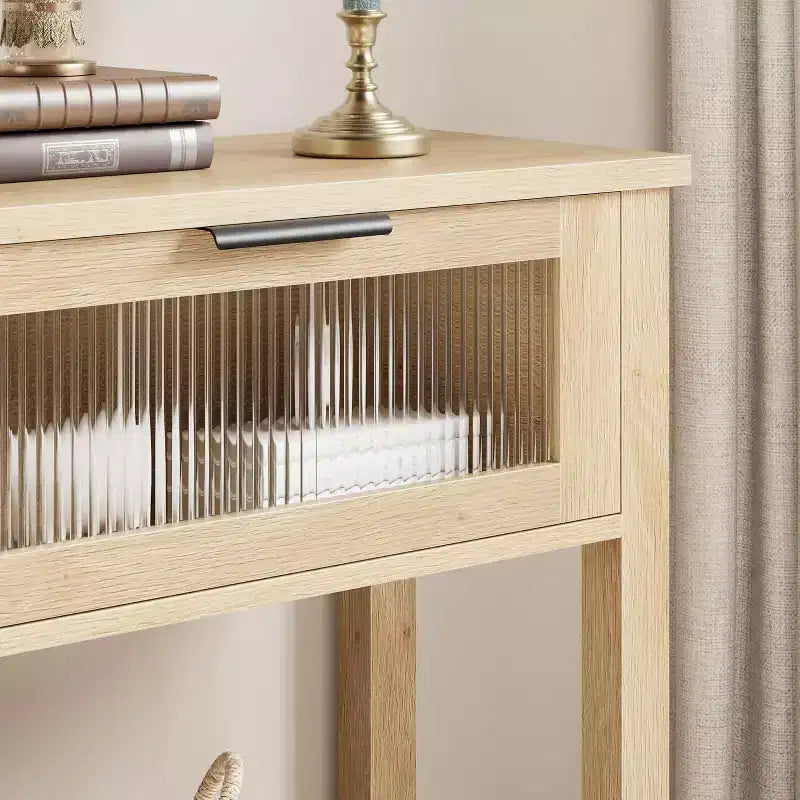 Console de salon en bois CuisinSmart, table de canapé à 2 niveaux avec 2 tiroirs en verre et étagère ouverte, idéale pour le salon et l'entrée, Chêne