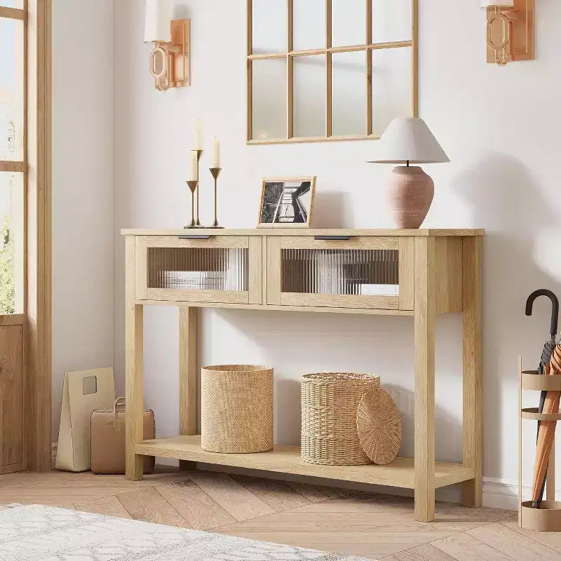 Console de salon en bois CuisinSmart, table de canapé à 2 niveaux avec 2 tiroirs en verre et étagère ouverte, idéale pour le salon et l'entrée, Chêne