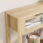 Console de salon en bois CuisinSmart, table de canapé à 2 niveaux avec 2 tiroirs en verre et étagère ouverte, idéale pour le salon et l'entrée, Chêne