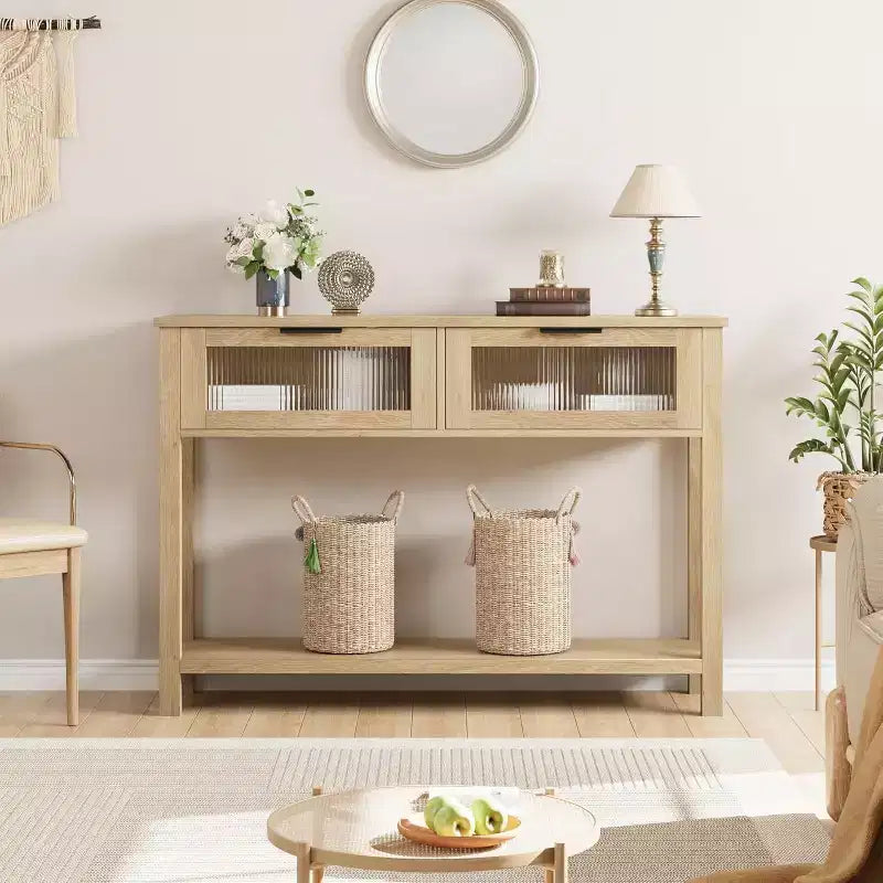 Console de salon en bois CuisinSmart, table de canapé à 2 niveaux avec 2 tiroirs en verre et étagère ouverte, idéale pour le salon et l'entrée, Chêne