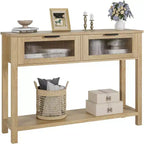 Console de salon en bois CuisinSmart, table de canapé à 2 niveaux avec 2 tiroirs en verre et étagère ouverte, idéale pour le salon et l'entrée, Chêne