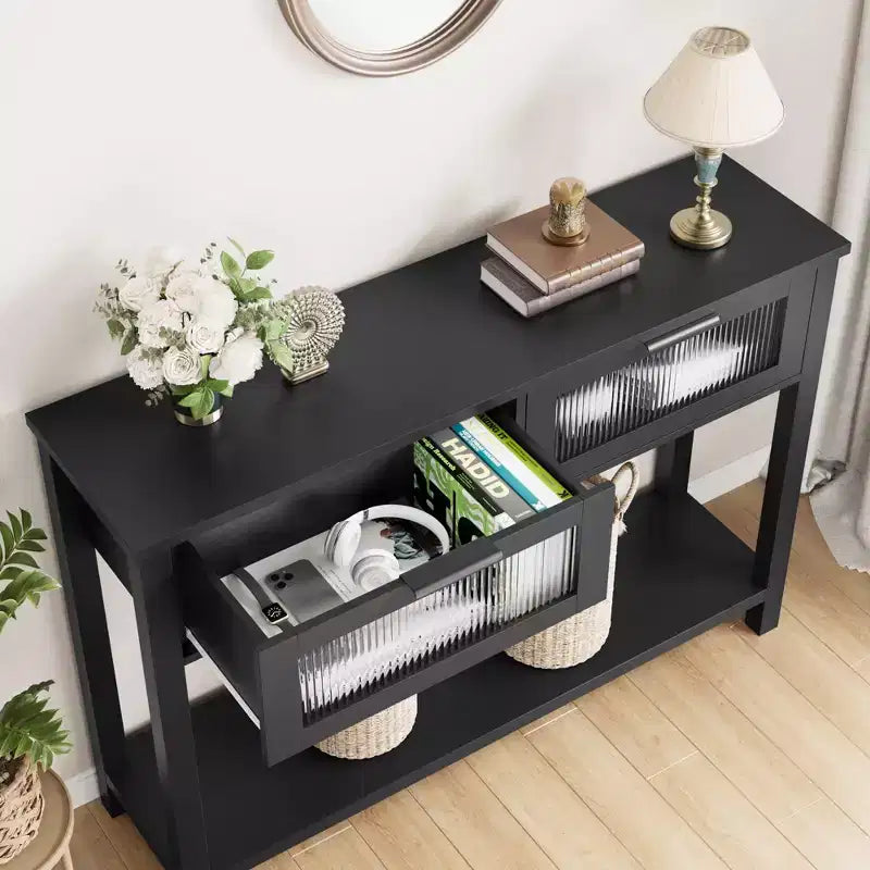 Console de salon en bois CuisinSmart, table de canapé à 2 niveaux avec 2 tiroirs en verre et étagère ouverte, idéale pour le salon et l'entrée, Chêne
