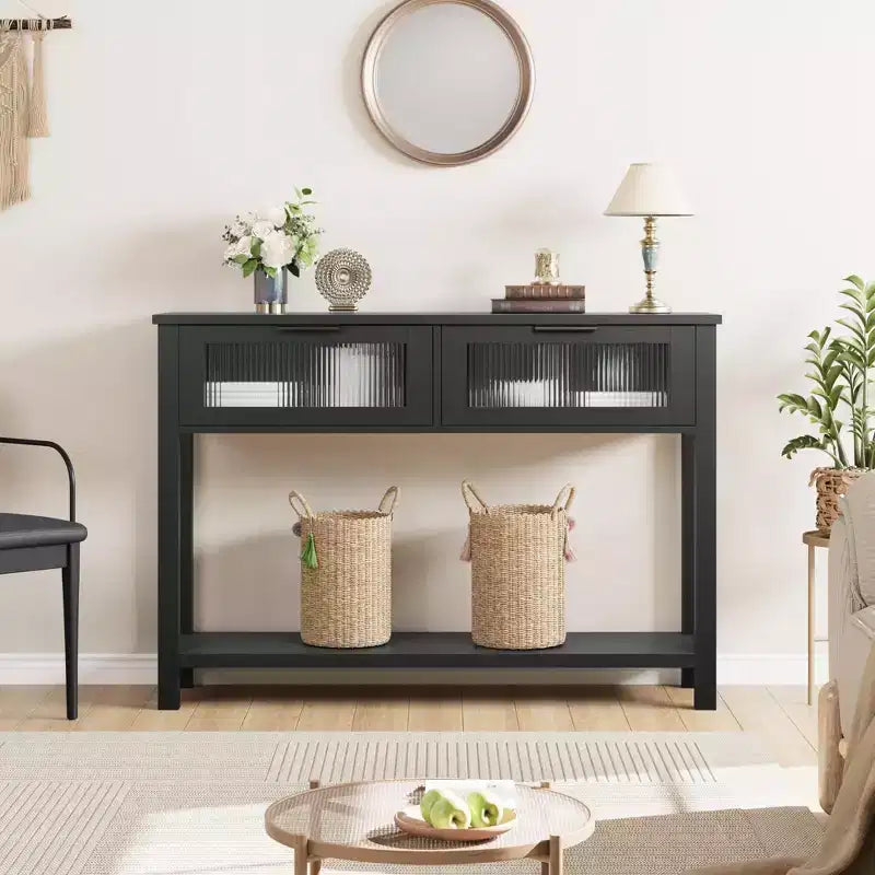 Console de salon en bois CuisinSmart, table de canapé à 2 niveaux avec 2 tiroirs en verre et étagère ouverte, idéale pour le salon et l'entrée, Chêne