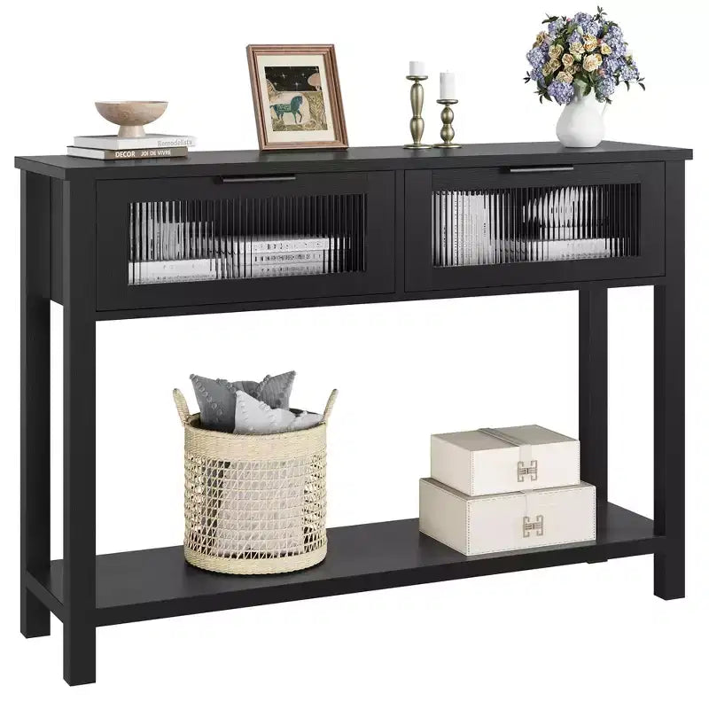 Console de salon en bois CuisinSmart, table de canapé à 2 niveaux avec 2 tiroirs en verre et étagère ouverte, idéale pour le salon et l'entrée, Chêne