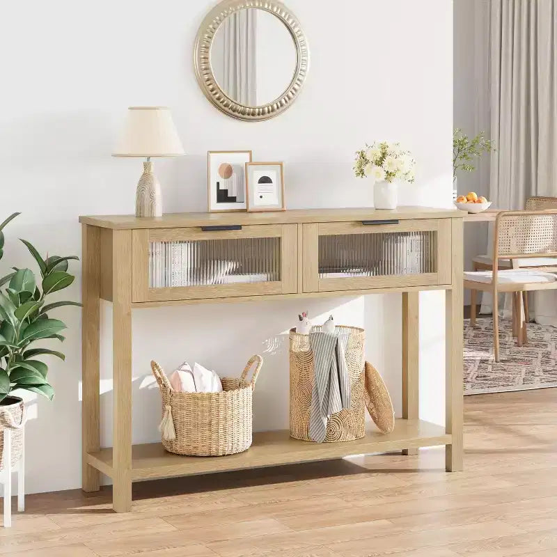 Console de salon en bois CuisinSmart, table de canapé à 2 niveaux avec 2 tiroirs en verre et étagère ouverte, idéale pour le salon et l'entrée, Chêne