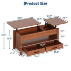 Table basse en bois relevable 120 cm, 2 tiroirs de rangement, compartiment caché, hauteur réglable, gain de place, style ferme moderne