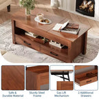 Table basse en bois relevable 120 cm, 2 tiroirs de rangement, compartiment caché, hauteur réglable, gain de place, style ferme moderne