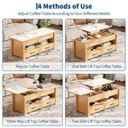 Table basse en bois relevable 120 cm, 2 tiroirs de rangement, compartiment caché, hauteur réglable, gain de place, style ferme moderne
