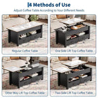 Table basse en bois relevable 120 cm, 2 tiroirs de rangement, compartiment caché, hauteur réglable, gain de place, style ferme moderne