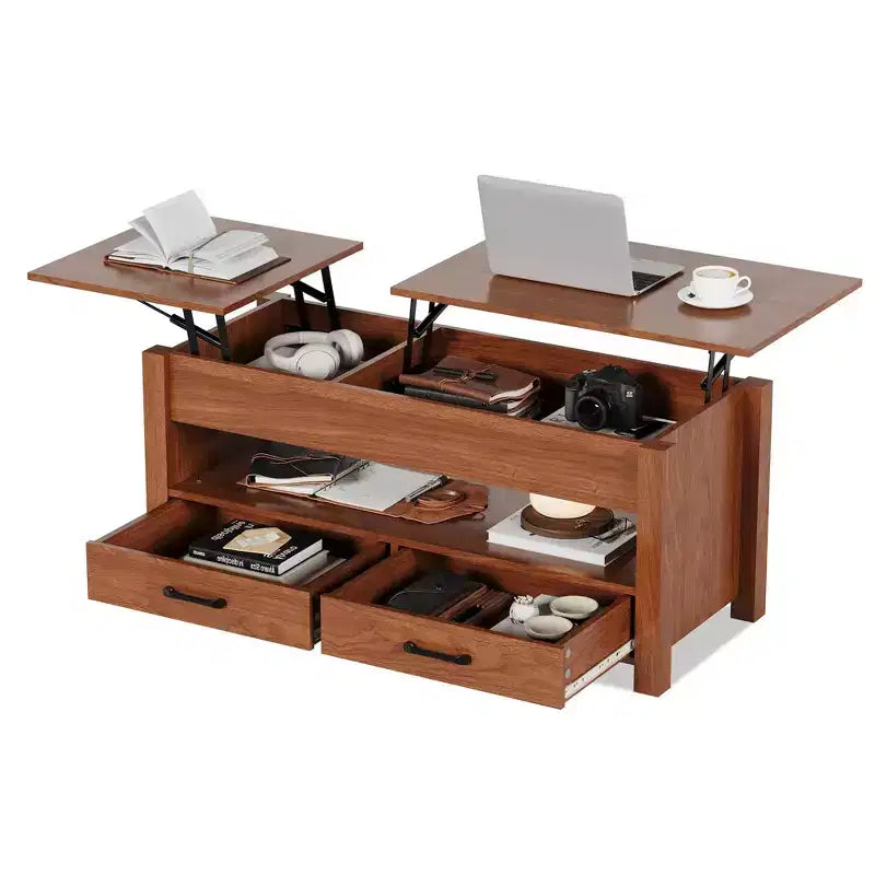 Table basse en bois relevable 120 cm, 2 tiroirs de rangement, compartiment caché, hauteur réglable, gain de place, style ferme moderne