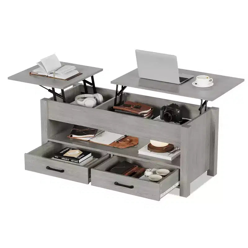 Table basse en bois relevable 120 cm, 2 tiroirs de rangement, compartiment caché, hauteur réglable, gain de place, style ferme moderne
