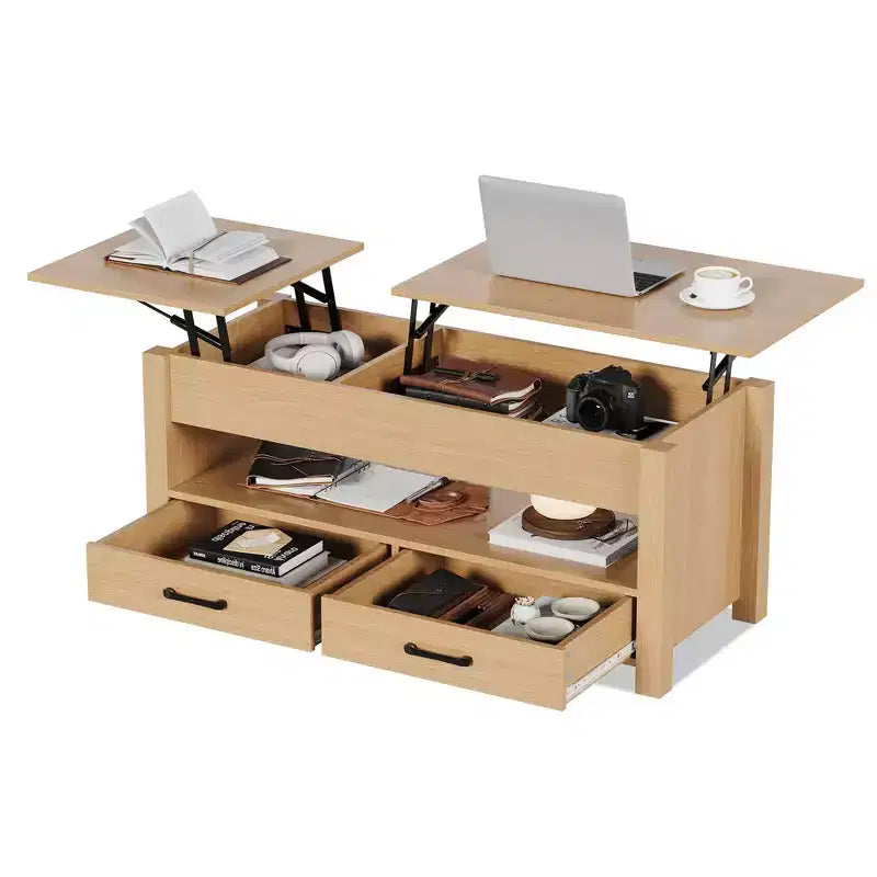 Table basse en bois relevable 120 cm, 2 tiroirs de rangement, compartiment caché, hauteur réglable, gain de place, style ferme moderne