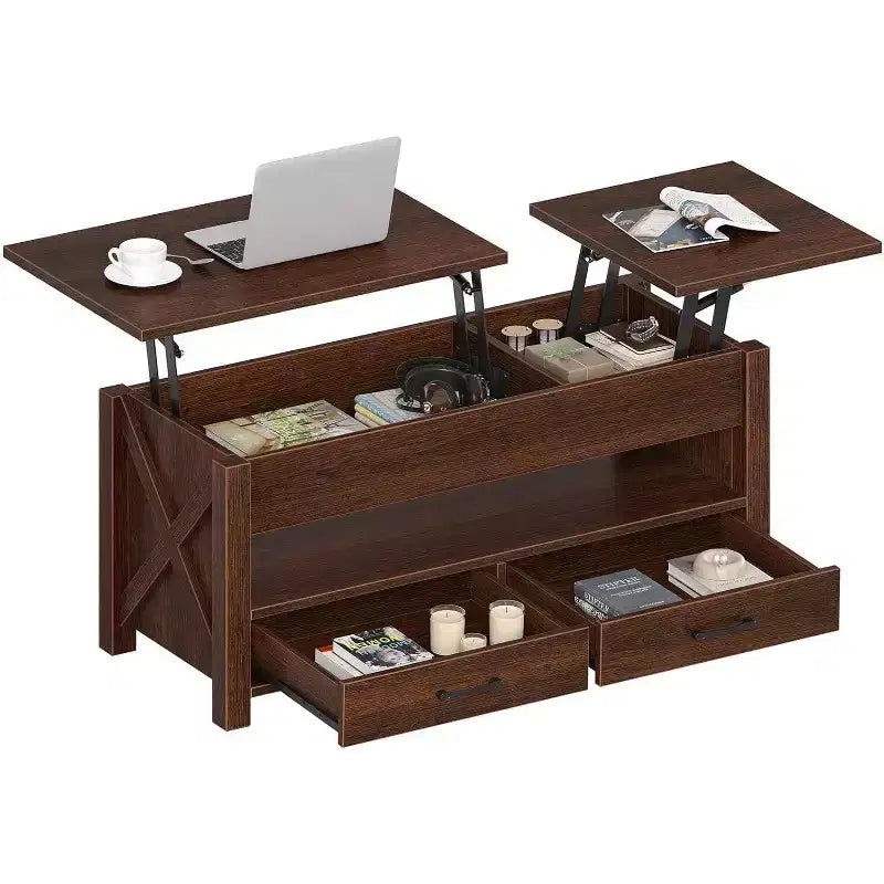 Table basse en bois relevable 120 cm, 2 tiroirs de rangement, compartiment caché, hauteur réglable, gain de place, style ferme moderne