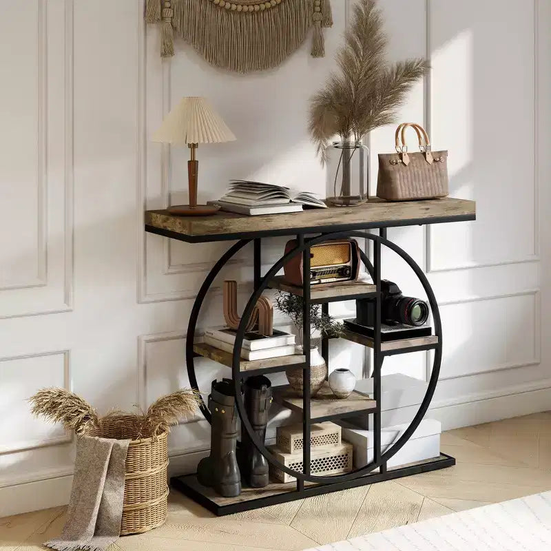HOMCOM Table console industrielle, Table d'entrée canapé avec étagères de rangement et cadre en acier cercle, Chêne rustique