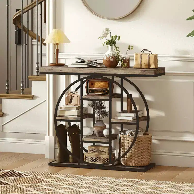 HOMCOM Table console industrielle, Table d'entrée canapé avec étagères de rangement et cadre en acier cercle, Chêne rustique
