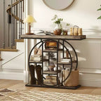 HOMCOM Table console industrielle, Table d'entrée canapé avec étagères de rangement et cadre en acier cercle, Chêne rustique