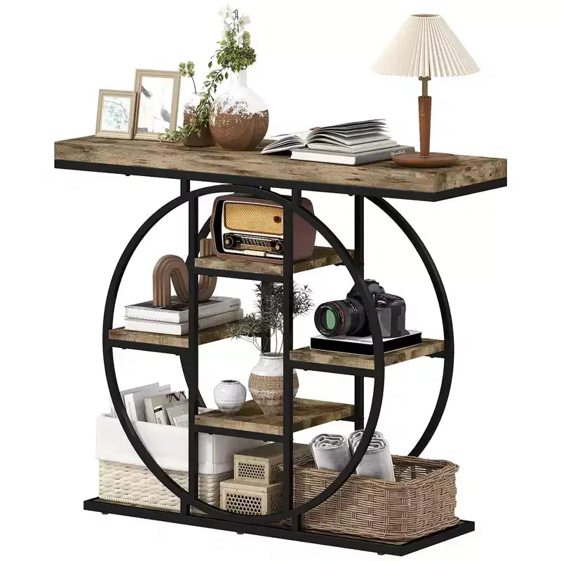 HOMCOM Table console industrielle, Table d'entrée canapé avec étagères de rangement et cadre en acier cercle, Chêne rustique