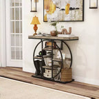 HOMCOM Table console industrielle, Table d'entrée canapé avec étagères de rangement et cadre en acier cercle, Chêne rustique