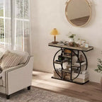HOMCOM Table console industrielle, Table d'entrée canapé avec étagères de rangement et cadre en acier cercle, Chêne rustique