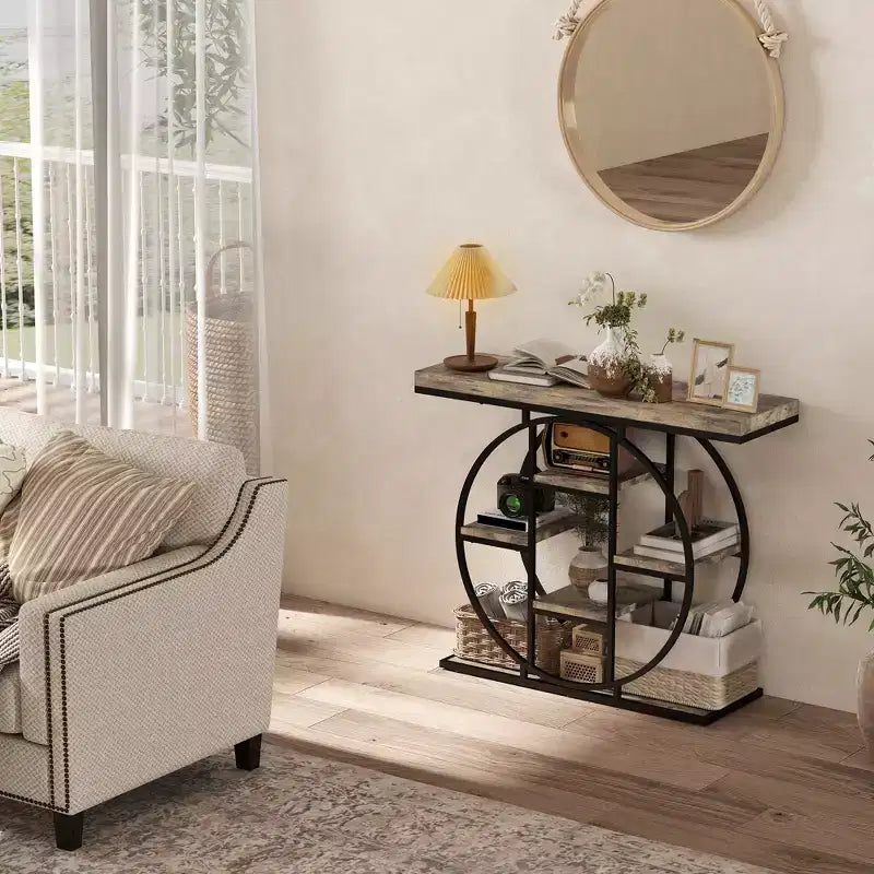 HOMCOM Table console industrielle, Table d'entrée canapé avec étagères de rangement et cadre en acier cercle, Chêne rustique