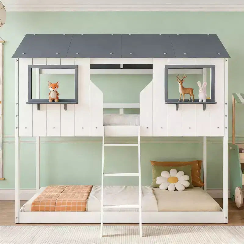 Lit superposé Luxystar de style cabane avec toit et fenêtre