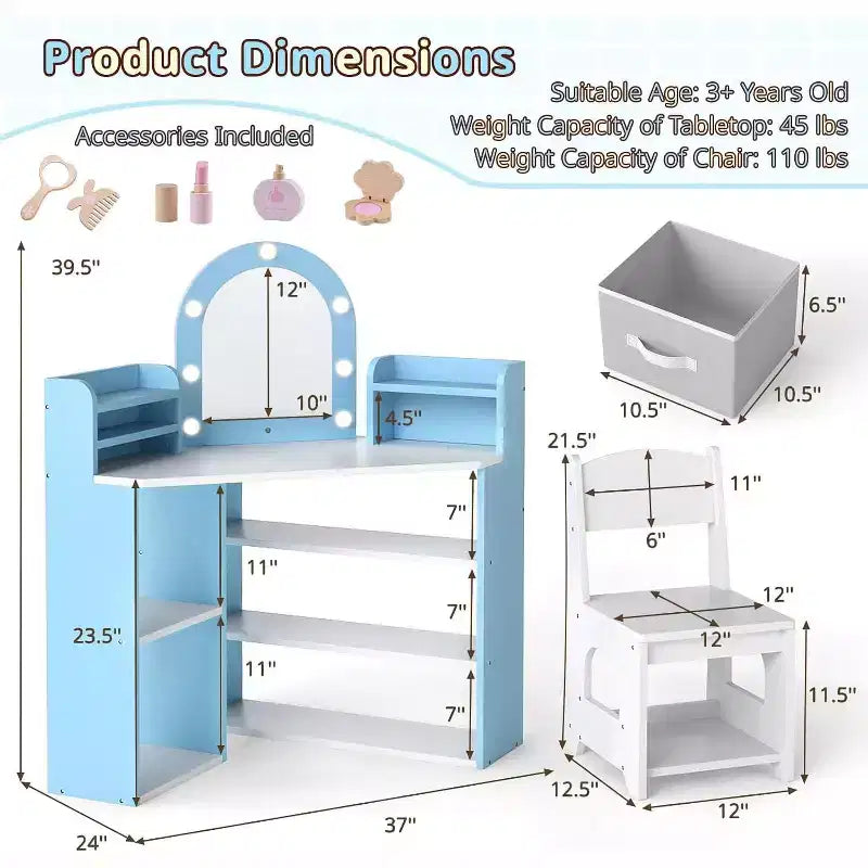 BALHAM TRADE-Coiffeuse d'angle 2-en-1 pour enfants avec lumières, étagères de rangement ouvertes et miroir éclairé
