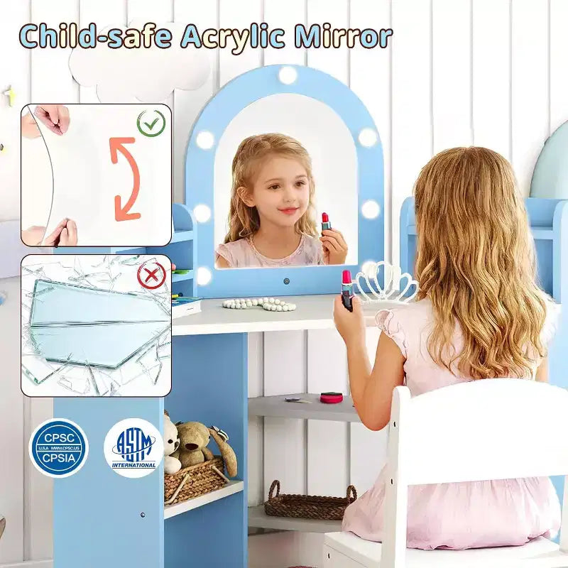 BALHAM TRADE-Coiffeuse d'angle 2-en-1 pour enfants avec lumières, étagères de rangement ouvertes et miroir éclairé