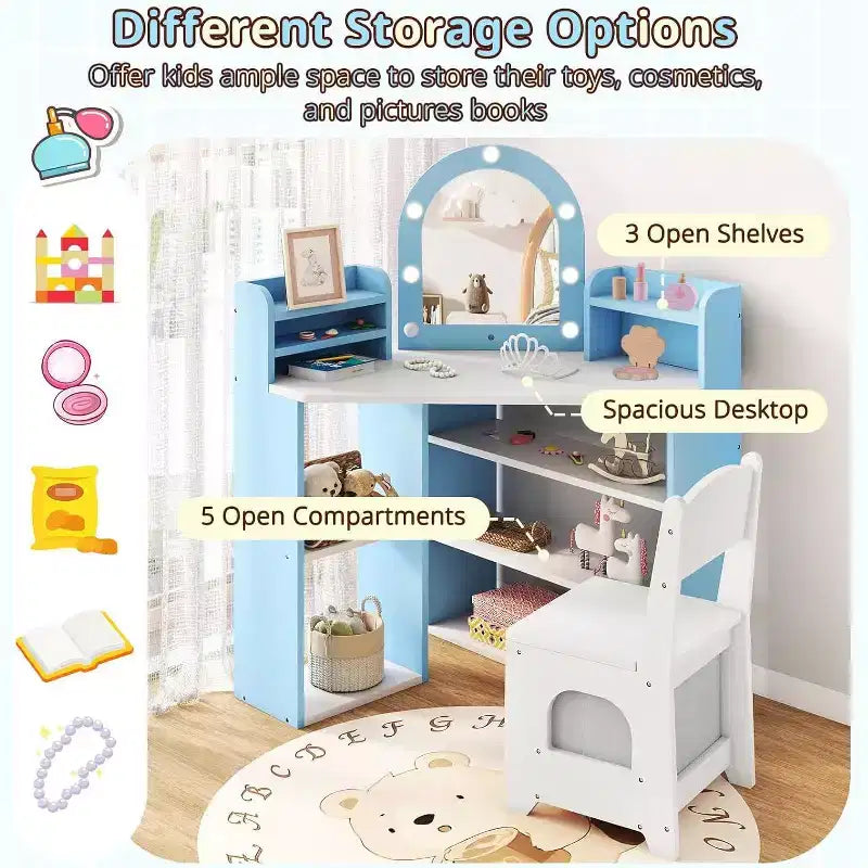 BALHAM TRADE-Coiffeuse d'angle 2-en-1 pour enfants avec lumières, étagères de rangement ouvertes et miroir éclairé