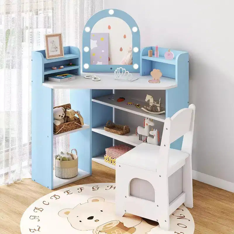 BALHAM TRADE-Coiffeuse d'angle 2-en-1 pour enfants avec lumières, étagères de rangement ouvertes et miroir éclairé