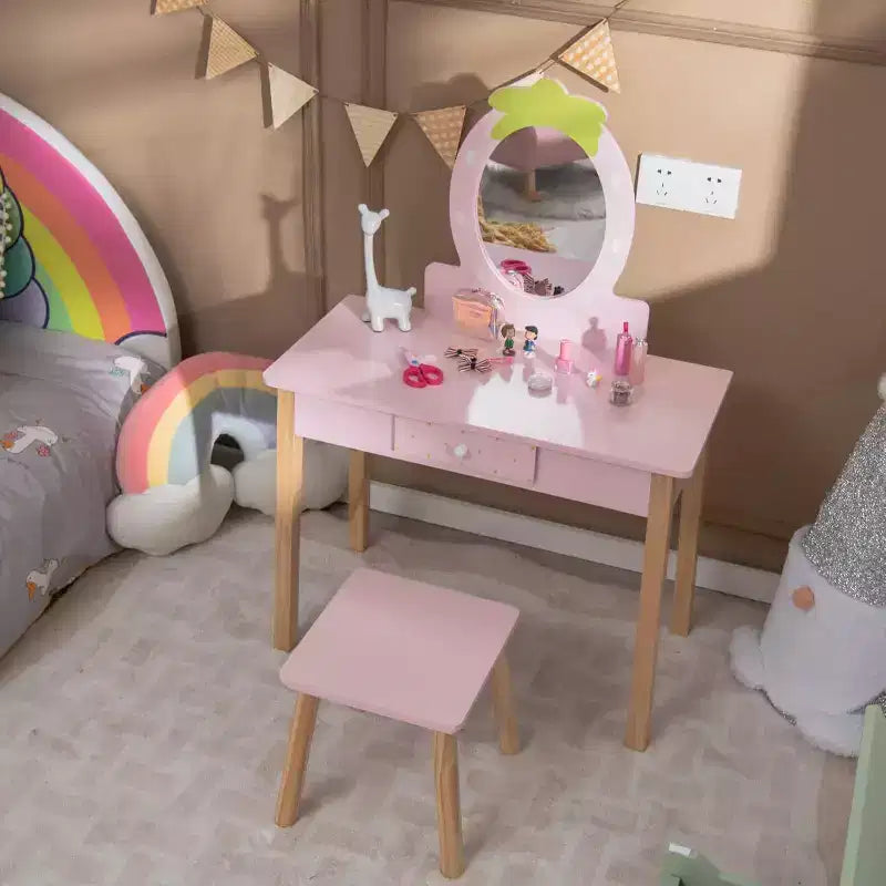 BALHAM TRADE-Coiffeuse pour enfants avec vrai miroir ovale en bois et tabouret