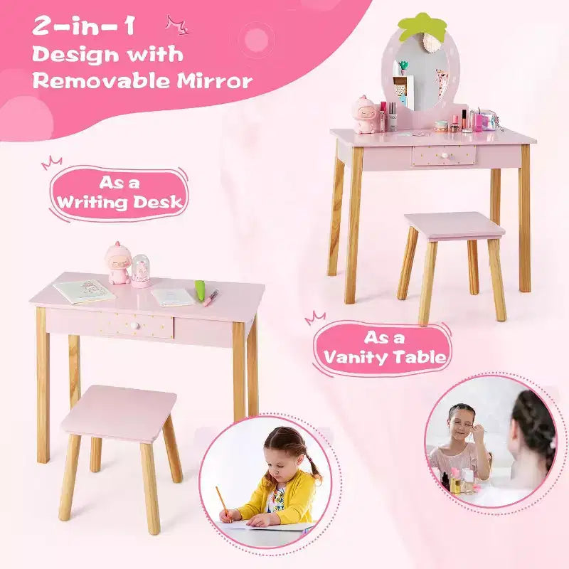 BALHAM TRADE-Coiffeuse pour enfants avec vrai miroir ovale en bois et tabouret