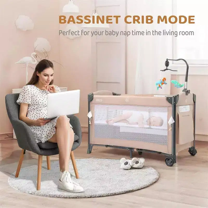 Karl Home Lit bébé 3 en 1, Cododo, Beige, avec matelas et drap