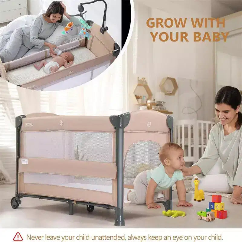 Karl Home Lit bébé 3 en 1, Cododo, Beige, avec matelas et drap
