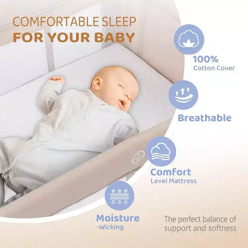 Karl Home Lit bébé 3 en 1, Cododo, Beige, avec matelas et drap
