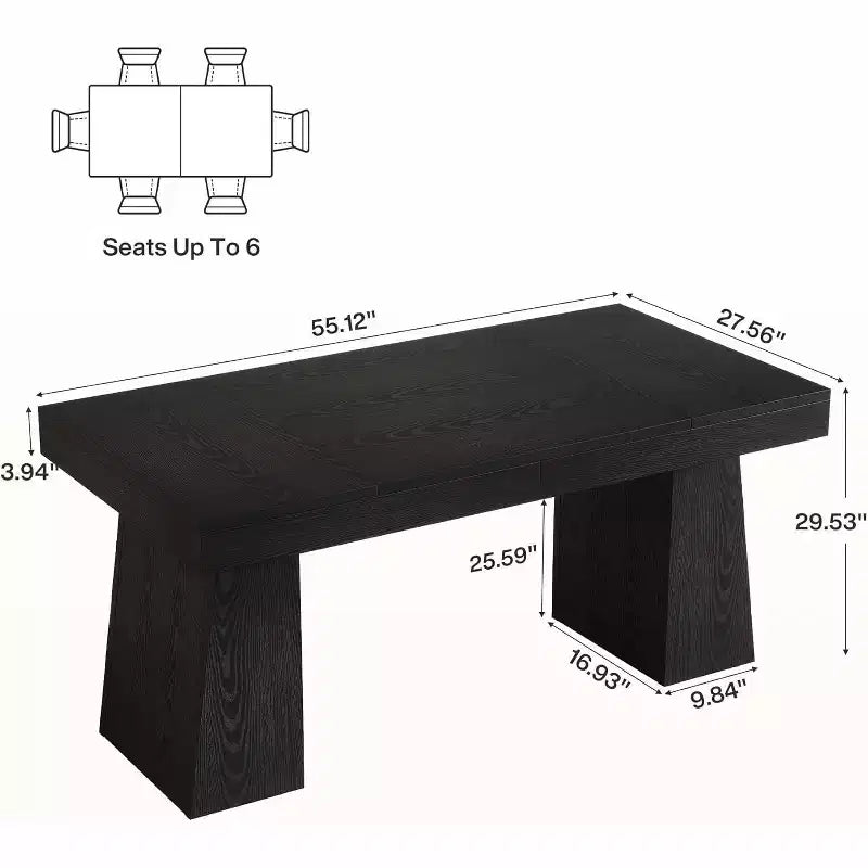 Table à manger rectangulaire Lantine de 55 pouces, style campagnard, noire avec double piédestal pour 4 à 6 personnes, meuble en bois pour salle à manger, petit espace