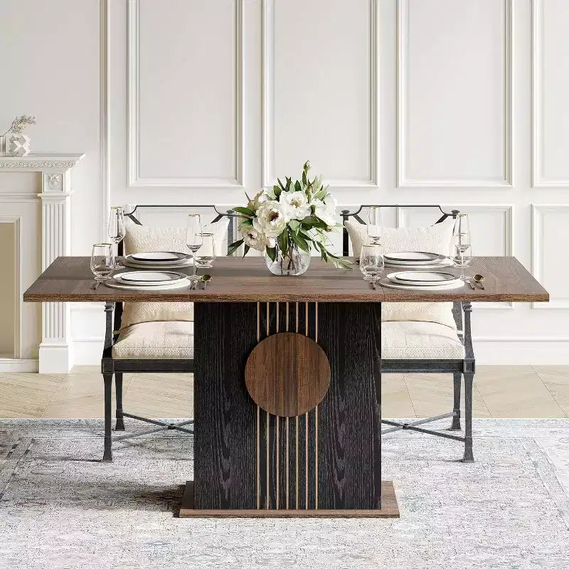 Table à manger rectangulaire Lantine pour 6, ensemble de table de cuisine moderne avec base robuste pour salle à manger, marron et noir