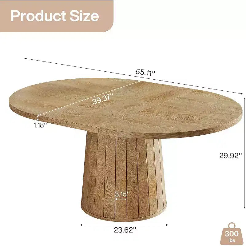 Table à manger ovale Lantine pour 6 personnes, table de cuisine de ferme de 140 cm avec piédestal cylindrique (marron clair)