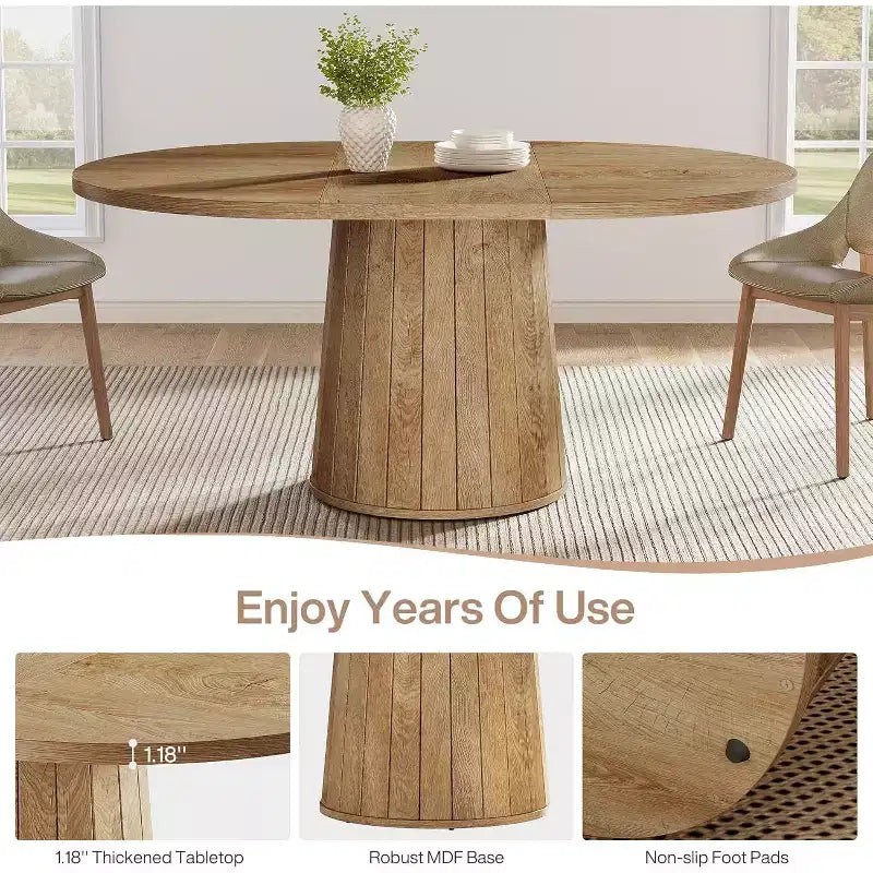 Table à manger ovale Lantine pour 6 personnes, table de cuisine de ferme de 140 cm avec piédestal cylindrique (marron clair)