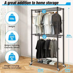 Homdox Portant à Vêtements Robuste à 3 Niveaux avec Roues, Portant à Double Tringle Réglable, Armoire Portable avec Crochets, 204 kg