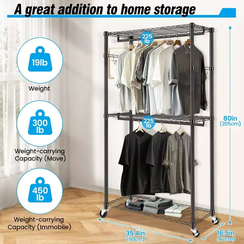 Homdox Portant à Vêtements Robuste à 3 Niveaux avec Roues, Portant à Double Tringle Réglable, Armoire Portable avec Crochets, 204 kg