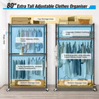 Homdox Portant à Vêtements Robuste à 3 Niveaux avec Roues, Portant à Double Tringle Réglable, Armoire Portable avec Crochets, 204 kg