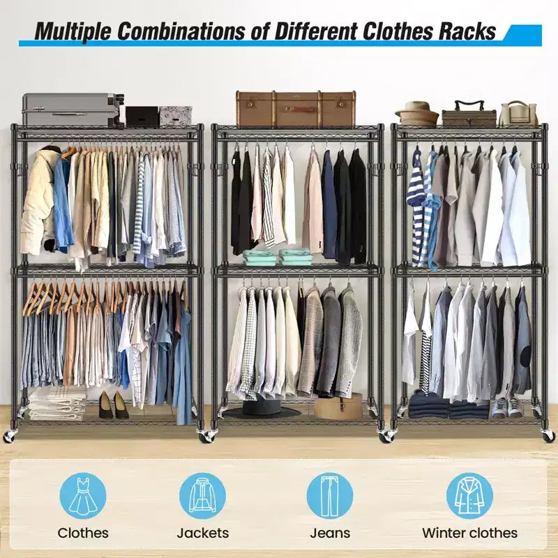 Homdox Portant à Vêtements Robuste à 3 Niveaux avec Roues, Portant à Double Tringle Réglable, Armoire Portable avec Crochets, 204 kg