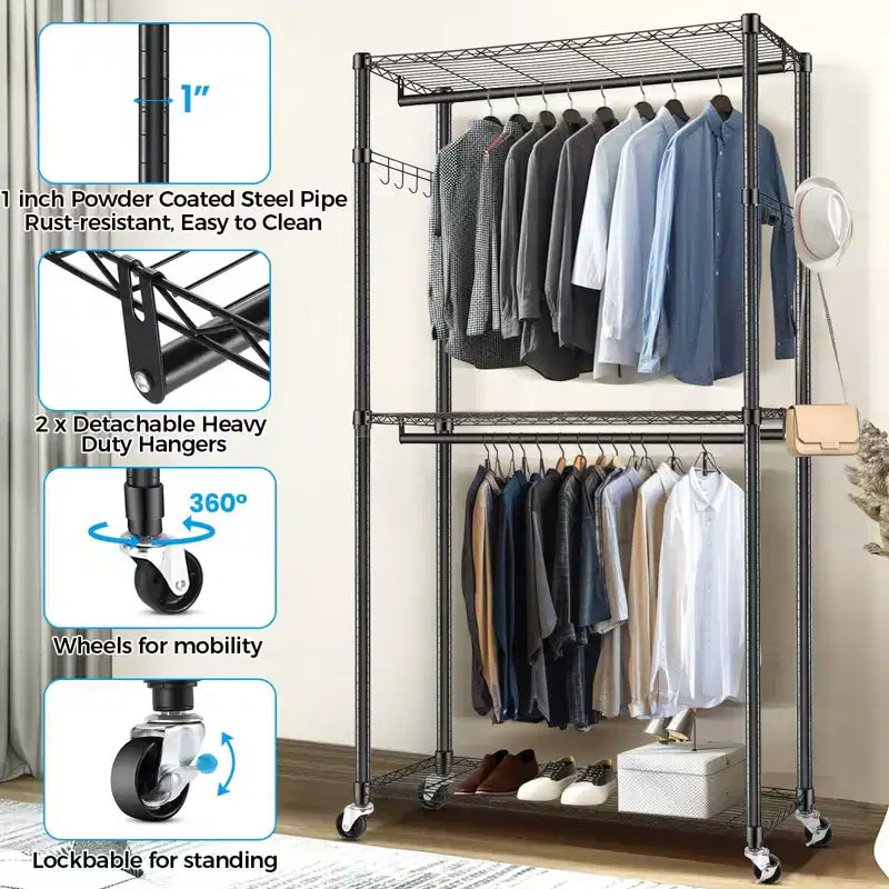 Homdox Portant à Vêtements Robuste à 3 Niveaux avec Roues, Portant à Double Tringle Réglable, Armoire Portable avec Crochets, 204 kg