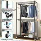 Homdox Portant à Vêtements Robuste à 3 Niveaux avec Roues, Portant à Double Tringle Réglable, Armoire Portable avec Crochets, 204 kg
