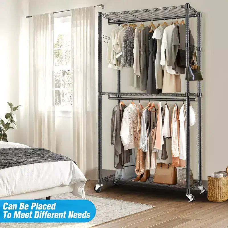 Homdox Portant à Vêtements Robuste à 3 Niveaux avec Roues, Portant à Double Tringle Réglable, Armoire Portable avec Crochets, 204 kg