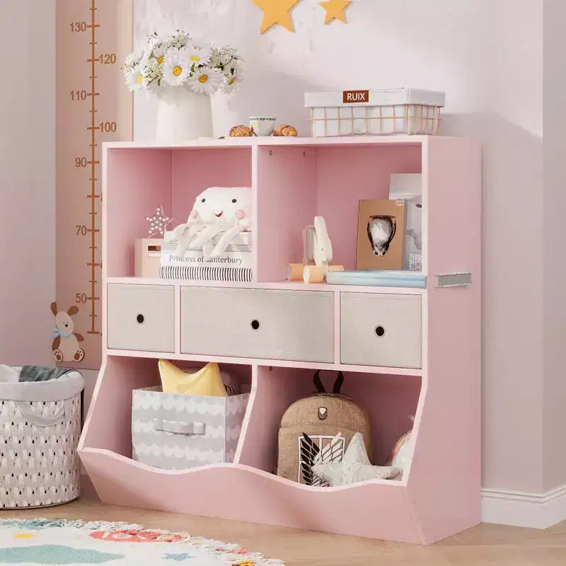 Toy Storage Organizer, 2 Set 7-Cubby Large Pink Kids Wood Bookcase with 3 Drawers, 3-Tier Toy Cabinet
