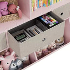 Meuble de rangement pour jouets, 2 sets d'étagères 7 casiers pour enfants, en bois rose, avec 3 tiroirs, meuble de rangement 3 niveaux